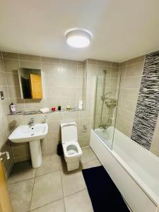 a bathroom with a toilet and a sink and a shower at 2 Beds Mint drive With Secure car Or Van Park w WiFi-Netflix No Deposit Required in Birmingham