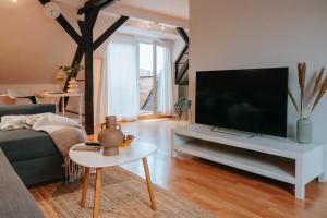 ein Wohnzimmer mit einem großen Flachbildfernseher in der Unterkunft Rooftop-Apartment zentral gelegen in Düsseldorf in Düsseldorf