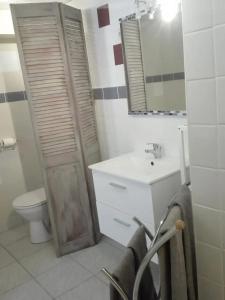 a bathroom with a sink and a toilet and a mirror at Studio douillet à Eymet, 20 m² avec piscine in Eymet +8 photos