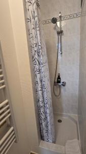 a shower with a shower curtain in a bathroom at Charme de Loire in Blois