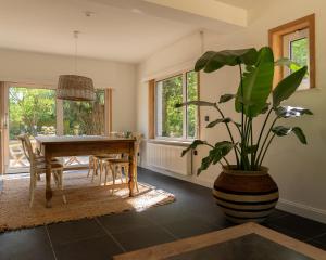 a dining room with a table and a potted plant at Boutique Stay with Bath & Garden near Ghent in Sint-Martens-Latem