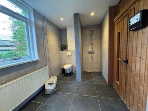 a bathroom with a toilet and a window and a door at Zola Lodge in Rucphen