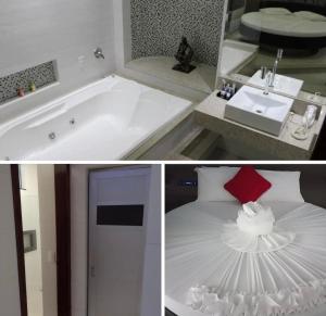 a bathroom with a tub and a bed and a sink at Motel Blue Star II in Campo Mourão +30 photos