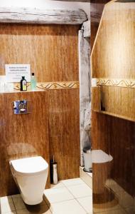 a bathroom with a toilet and a wooden wall at Siedlisko Słoneczny Jar in Chojno +42 photos