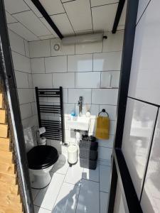 a bathroom with a black toilet and a sink at The Bus On The Hill in Huntsham +16 photos