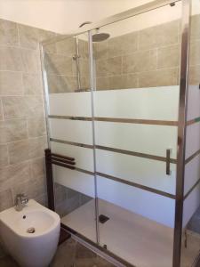 a bathroom with a shower and a toilet and a sink at Family house with garden in Fosdinovo