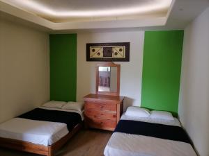 two beds in a room with green walls at Amplios y cómodos apartamentos en Playa del Carmen in Playa del Carmen