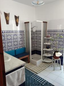 a bathroom with a shower with blue and white tiles at Maison Haute in Moux-en-Morvan