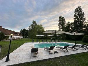 a swimming pool with chairs and umbrellas in a yard at Domaine de Chevillons in Chevillon-sur-Huillard