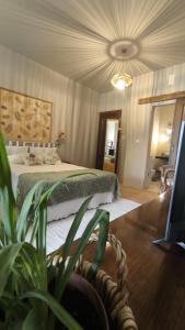 a bedroom with a bed and a potted plant at Varanda de Coimbra in Penacova +81 photos