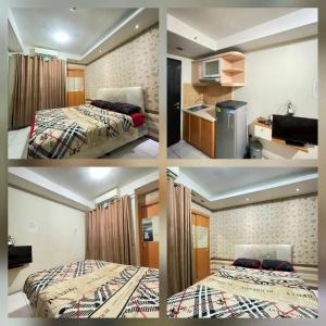 a collage of four pictures of a hotel room at Apartemen paragon village in Peusar Dua