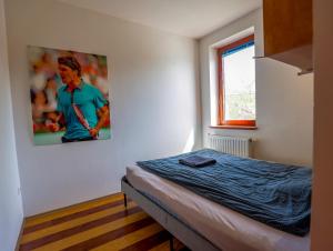 a bedroom with a bed and a picture on the wall at Roger Federer apartmanja in Balatonfüred