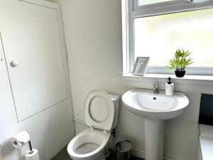 a bathroom with a toilet and a sink and a window at Cosy modern 4 bedroom home with backyard in Briton Ferry