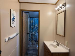 a bathroom with a sink and a shower at Island Club #6 in Put-in-Bay +18 photos