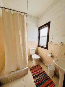 a bathroom with a toilet and a shower curtain at Apart Newen Osorno in Osorno +41 photos