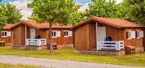 a row of wooden cottages in a park at Camping Cantabria in Polientes