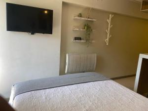 Un dormitorio con una cama y un televisor de pantalla plana. en Lindo departamento tipo Loft en Ñuñoa, en Santiago