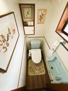 a small bathroom with a toilet and a sink at Chiba Homestay by Lek บ้านพักใกล้นาริตะโตเกียว in Yotsukaidō