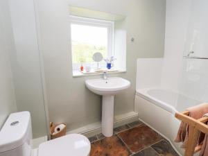 a bathroom with a sink and a toilet and a window at Mell View Cottage in Watermillock