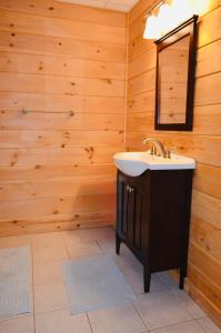 a bathroom with a sink and a mirror at Above Expectations-New Exterior-Sleeps 8-Hot Tub-Games Galore-Nature in Morganton +148 photos