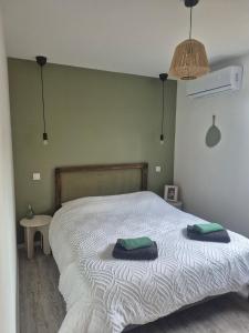 a bedroom with a bed with two pillows on it at Maison La Praline in Arnas