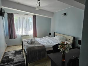 een slaapkamer met een bed, een tafel en een raam bij Biały Fortepian in Koło