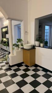 a bathroom with a sink and potted plants on a checkered floor at Sooru in Mysuru in Mysore