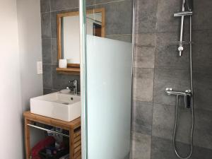 a bathroom with a sink and a shower at Maison bord de mer 3 chambres in Les Sables-dʼOlonne +19 photos