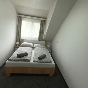 a bedroom with a bed with two pillows and a window at Árnyas Part Vendégház in Gyomaendrőd
