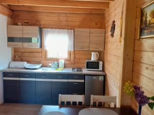 a small kitchen with a stove and a microwave at Agroturystyka u Krystyny in Rybczewice