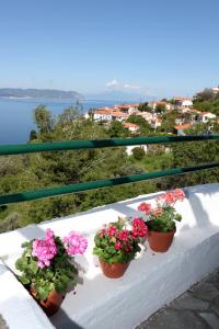 drei Topfblumen auf einer weißen Bank mit Blick auf das Wasser in der Unterkunft Sunset House in Klíma