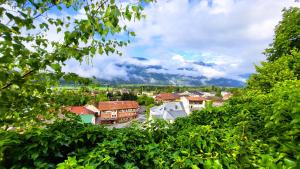 a view of a city from behind some trees at Hotel Rossmann in Greifenburg +38 photos