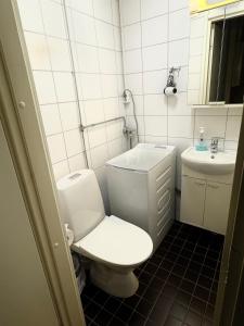une salle de bain blanche avec toilettes et lavabo dans l'établissement Kotimaailma Apartments Kamppi - 2BR in the city center with code lock, à Helsinki 2 autres photos