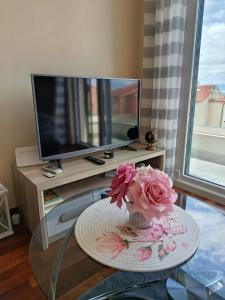 a vase with a flower on a table in front of a television at Golden Panorama in Novalja