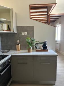 a kitchen with a stove and a counter top at Duplex hyper centre Saint-Vit! in Saint-Vit +19 photos