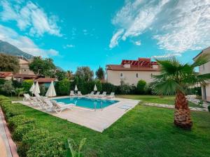 a backyard with a pool and chairs and a palm tree at Ng Hisar Apart Hotel in Fethiye