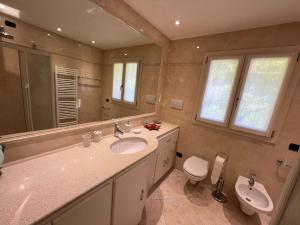 a bathroom with a sink and a toilet and a mirror at Penthouse Valentino in Intra +15 photos