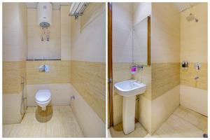 2 immagini di un bagno con servizi igienici e lavandino di Smart Lax Hotel By SMART GROUP a Nuova Delhi Altre 26 foto
