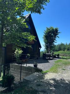 a log cabin with a picnic table in front of it at Cottage KOLKHA in Sarpi