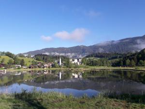 a lake with a town and mountains in the background at Apartment Altenhof in Altenhof