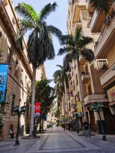 una calle de la ciudad con palmeras y edificios en Layla Mourad's Stay, en El Cairo