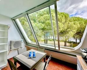 a room with a table and a large window at Studio antigua in Le Grau-du-Roi