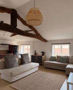 ヴィルフランシュ・シュル・ソーヌにあるAppartements centre ville Villefranche-Sur-Saoneの天井のあるリビングルーム(ソファ2台付)