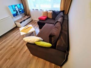 a brown couch with pillows in a living room at House with a garden in Pipera in Bucharest