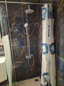 a shower in a bathroom with a shower curtain at SOTOS Loutraki Korinthia Apartments in Loutraki