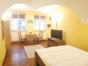 a bedroom with a bed and a table and a tv at SMB Studio Poarta Schei in Braşov
