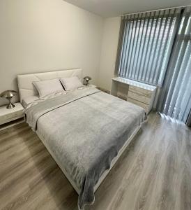 a bedroom with a large bed and two windows at Cozy Home 2 Bedroom apartment in Kyustendil