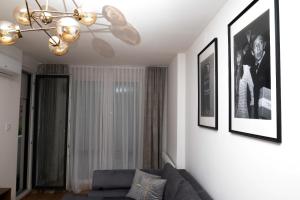 a living room with a couch and pictures on the wall at Birkin Casa- Prime Location in Novi Sad