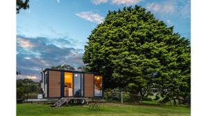 a tiny house in a field with a tree at Tiny House Big View 1 by Tiny Away in Boneo