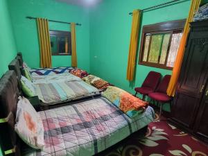 a bedroom with a bed and two red chairs at Auberge La belle vue in Daher +16 photos